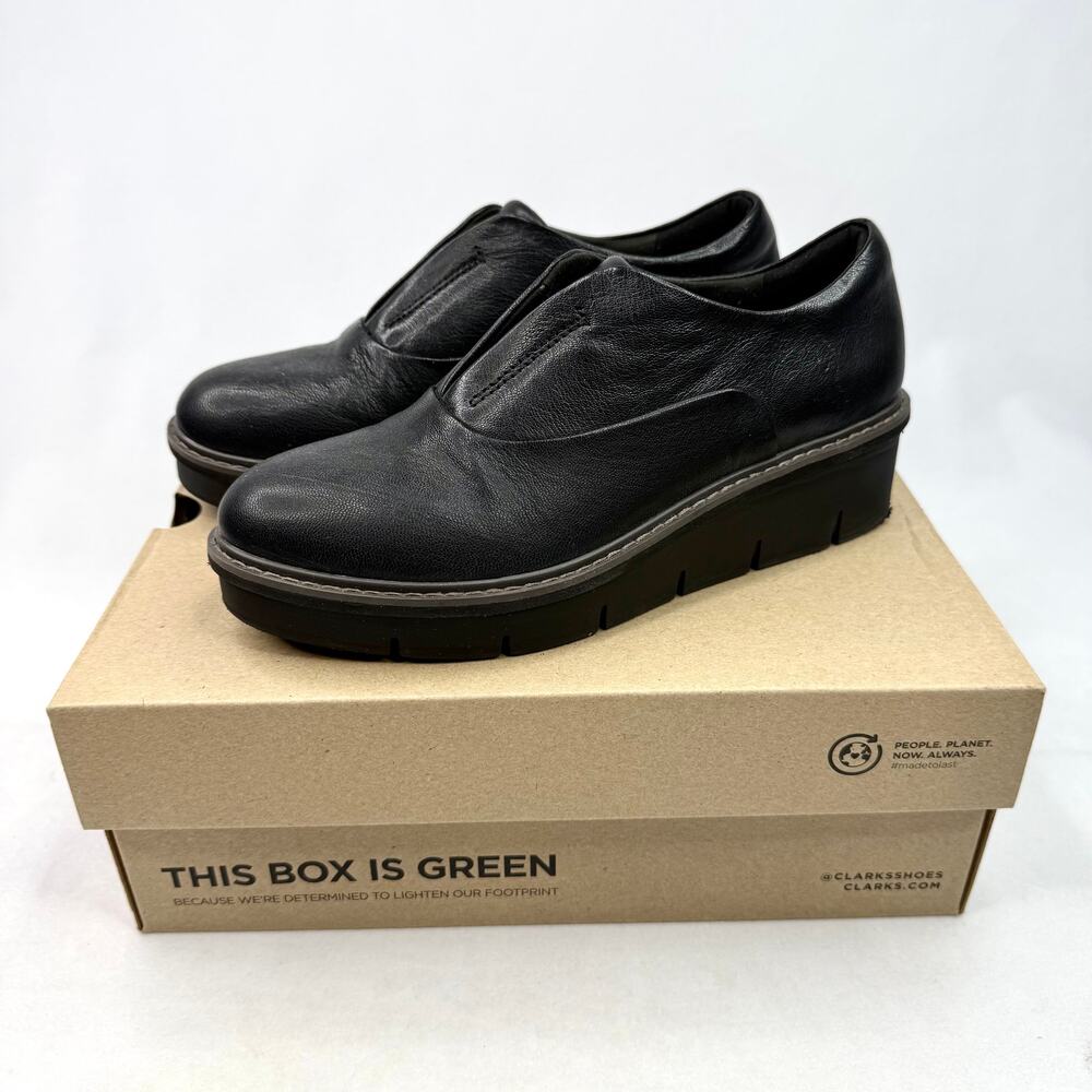 Clarks Airabell Sky Black Leather Platform Slip On Loafers 7.5